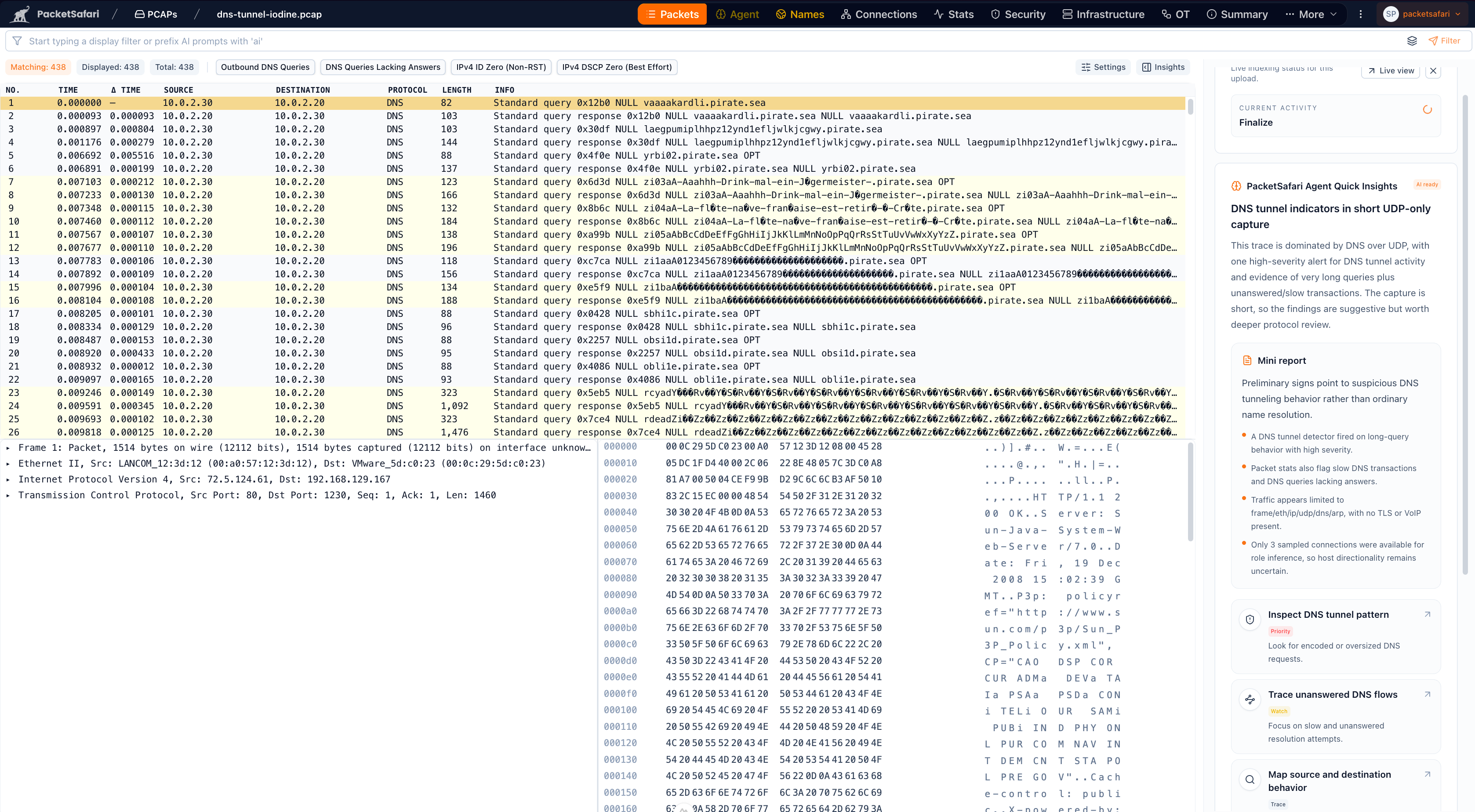 Packet list with the Upload Insights drawer open