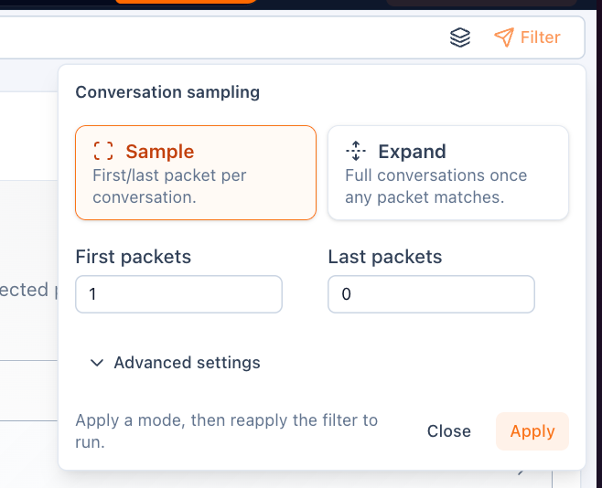 Conversation sampling controls in the filter workflow